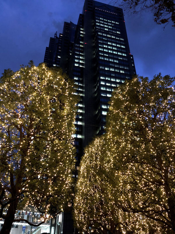 新宿パークタワービルとビル前のイルミネーションの写真
